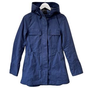 PRANA Organic Cotton Cristo Jacket Parka Lined Cinch Waist Hood XS Blue EUC